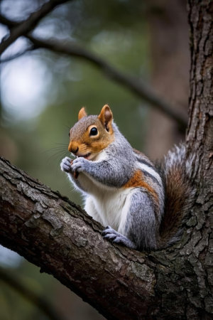 Portrait of a gray squirrel sitting on a tree in the forestの素材