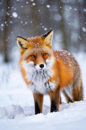 Red fox in winter forest. Wild animal in nature habitat. Wildlife scene from nature.の素材