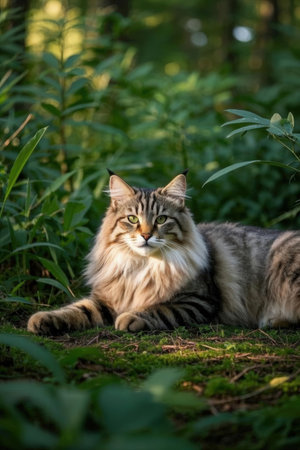 fluffy siberian cat in the forest on a green grassの素材