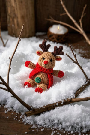 Christmas greeting card. Cute reindeer toy on snow background.の素材