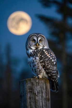 Great horned owl (Strix nebulosa) perched on a post in front of a full moonの素材