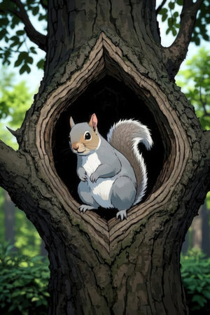 Squirrel in the hollow of the tree. 3d illustration.の素材