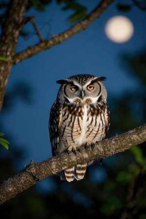 Long-eared owl (Asio otus) perched on a branch at nightの素材