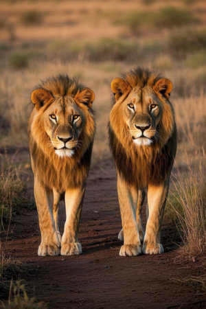 Male and female lion in the Moremi Game Reserve (Okavango River Delta), National Park, Botswanaの素材