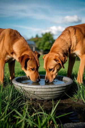 Labrador retriever puppies drinking water from a bowl in the gardenの素材