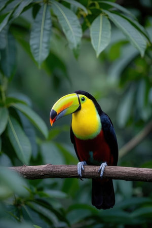 Colorful Toucan bird sitting on a branch in the rainforestの素材