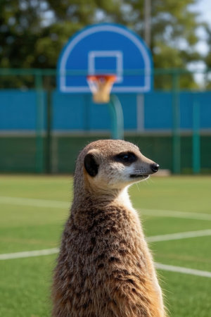 Meerkat standing in front of a basketball hoop on a sports fieldの素材