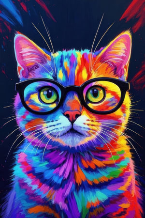 Colorful portrait of a cat with glasses. Hand-drawn illustration.の素材