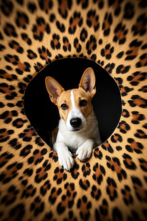 Jack russell terrier dog peeking out of a hole in a leopard backgroundの素材