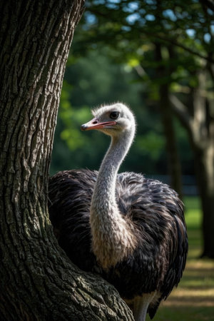 Ostrich on a tree in a public park in the Netherlandsの素材
