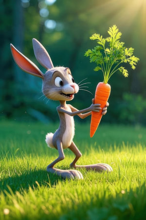 Easter bunny with carrot on green grass. Happy easter concept.の素材