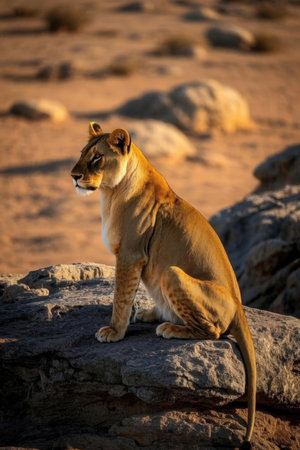 Lioness sitting on a rock in the Namib Desert, Namibiaの素材