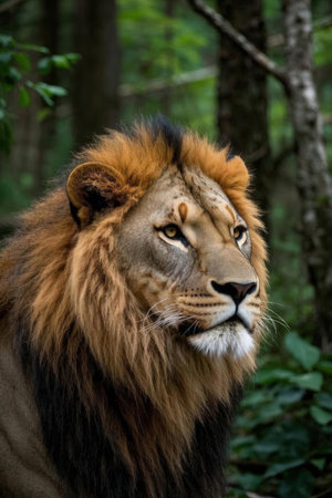 Portrait of a male lion in the forest. Close-up.の素材