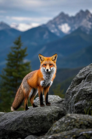 Red fox on top of a rock in front of a mountain rangeの素材