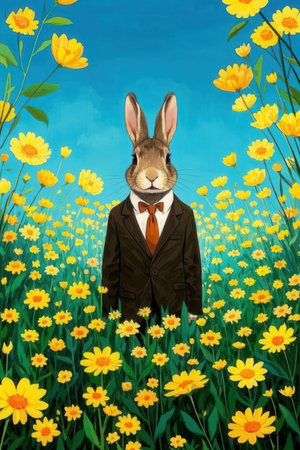 Rabbit in suit and tie on the meadow with yellow flowers.の素材