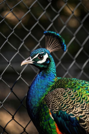 Peacock in a cage at the zoo. Close-up.の素材