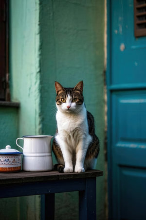 Cute cat sitting on a table in front of an old houseの素材