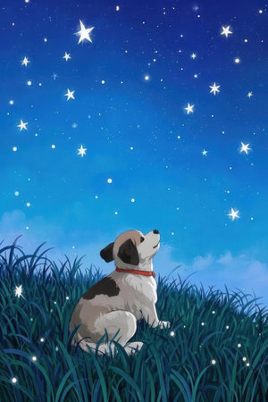 Illustration of a dog sitting in the grass under the starry skyの素材