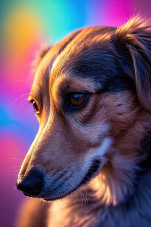 Portrait of a beautiful dog on a colorful background. Studio shot.の素材