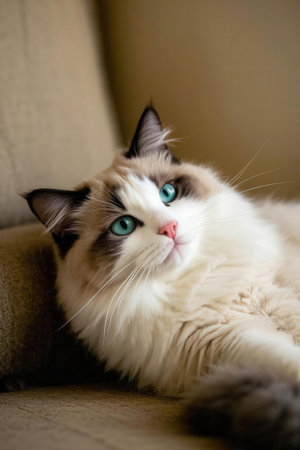Siberian cat with turquoise eyes lying on the sofaの素材