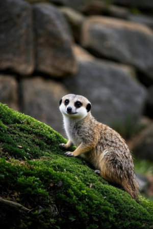 Meerkat (Suricata suricatta) sitting on a rockの素材