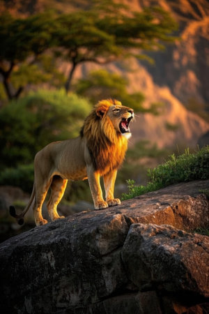 Lion on a rock at sunset in Kruger National Park, South Africa; Specie Panthera leo family of Felidaeの素材