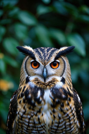 Portrait of an owl with bright orange eyes looking at the cameraの素材