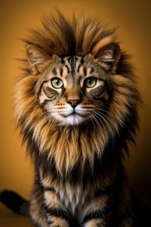 Portrait of a beautiful Maine Coon cat on a yellow backgroundの素材