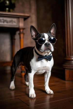 Boston terrier in a bow tie and sunglasses on a wooden floorの素材