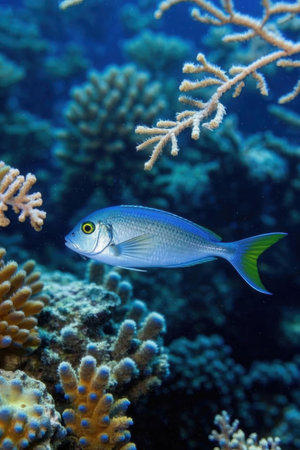 A closeup shot of a blue sea bream swimming on a coral reefの素材