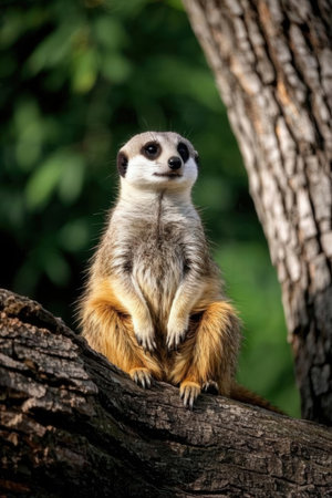 Meerkat sitting on a tree in a zoo. Wildlife animal.の素材