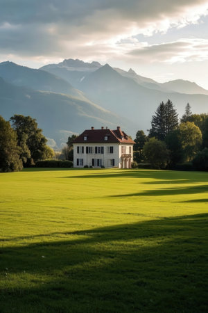 Mountain landscape with chalet in the foreground, Bavaria, Germanyの素材