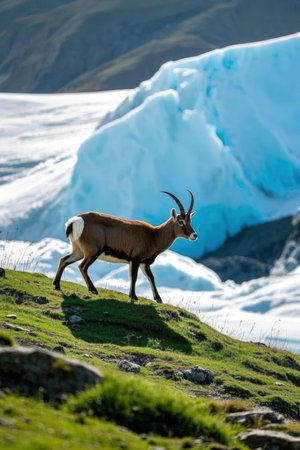 Mountain ibex (Capra ibex) in front of a glacierの素材