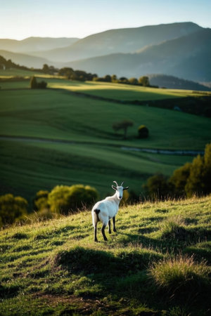 White goat grazing on a hill in the morning light. Beautiful rural landscape.の素材