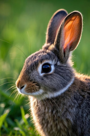 Close-up portrait of a cute gray rabbit on green grass.の素材