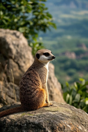Meerkat sitting on a rock in the wild. Wildlife scene from nature.の素材