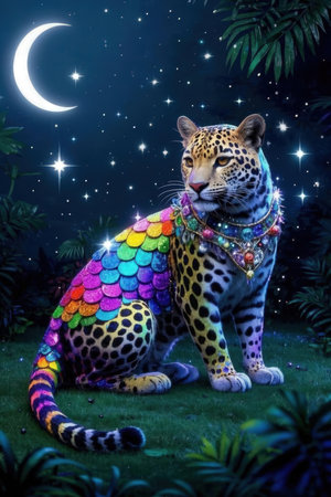 Leopard in the night forest with a crescent moon and starsの素材