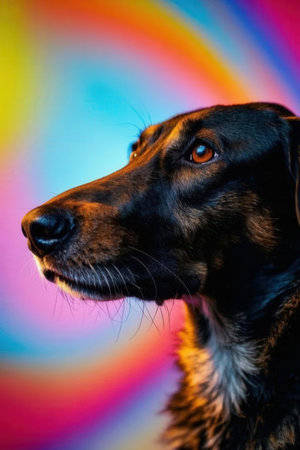 Studio portrait of a mixed breed dog on a multicolored backgroundの素材