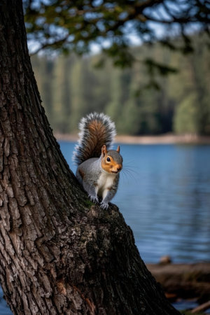 squirrel on a tree trunk by the lake in the autumn forestの素材
