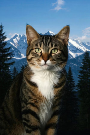 Beautiful tabby cat on the background of snow-capped mountainsの素材