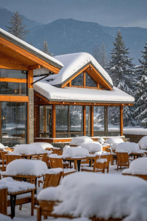Restaurant in the mountains during a snowfall. Winter landscapeの素材