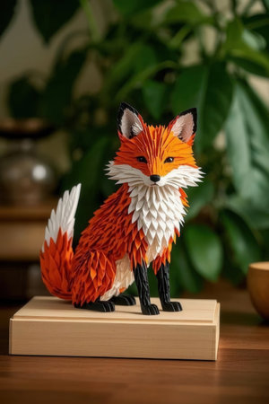 Closeup of a red fox figurine sitting on a wooden shelf.の素材