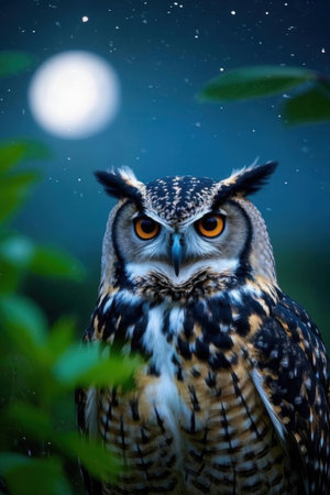Beautiful owl at night in the forest. Wildlife scene from nature.の素材