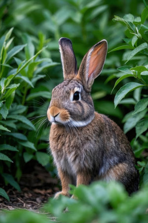 Rabbit sitting in the grass looking at the camera with blurred backgroundの素材