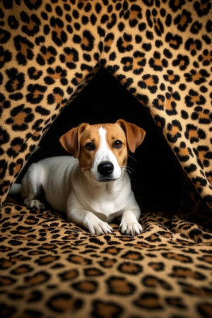 Jack Russell Terrier dog in a room with leopard print.の素材