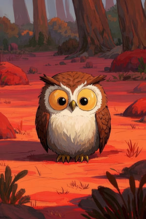 cartoon scene with owl in the forest illustration for children and adultsの素材