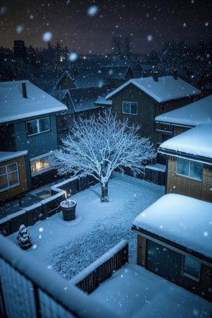 Beautiful winter landscape with houses and trees covered with fresh snow at night.の素材