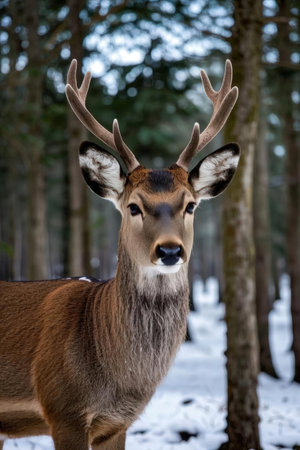 Portrait of a male deer with antlers in winter forest.の素材