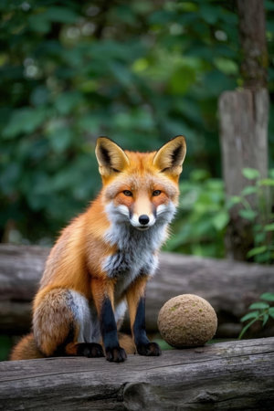 Red fox (Vulpes vulpes) sitting on a logの素材