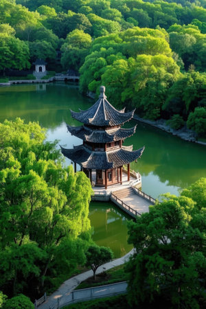 Ancient pavilion in the park in Hangzhou, China. Hangzhou is a UNESCO World Heritage Site.の素材